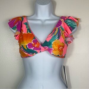 La Blanca Ruffle Bralette Bikini Swim Top in a multi-color floral pattern